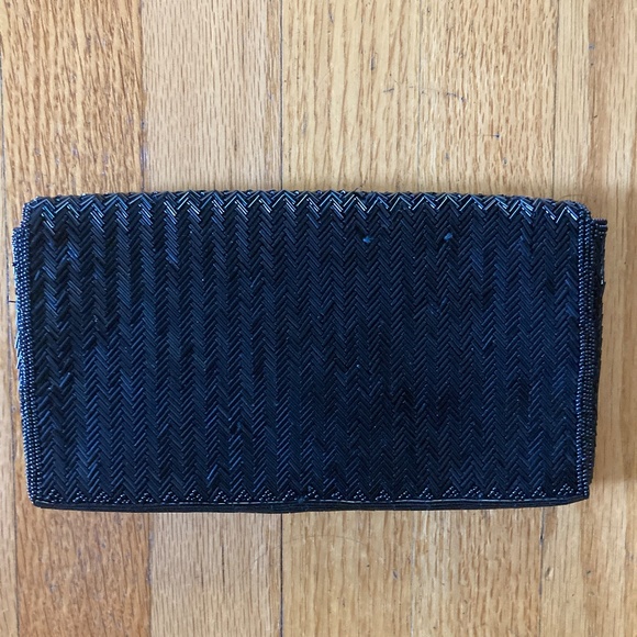 Vintage Beaded Black Envelope Clutch by Dayne Taylor Chevron Design Snap Closure - Picture 2 of 8